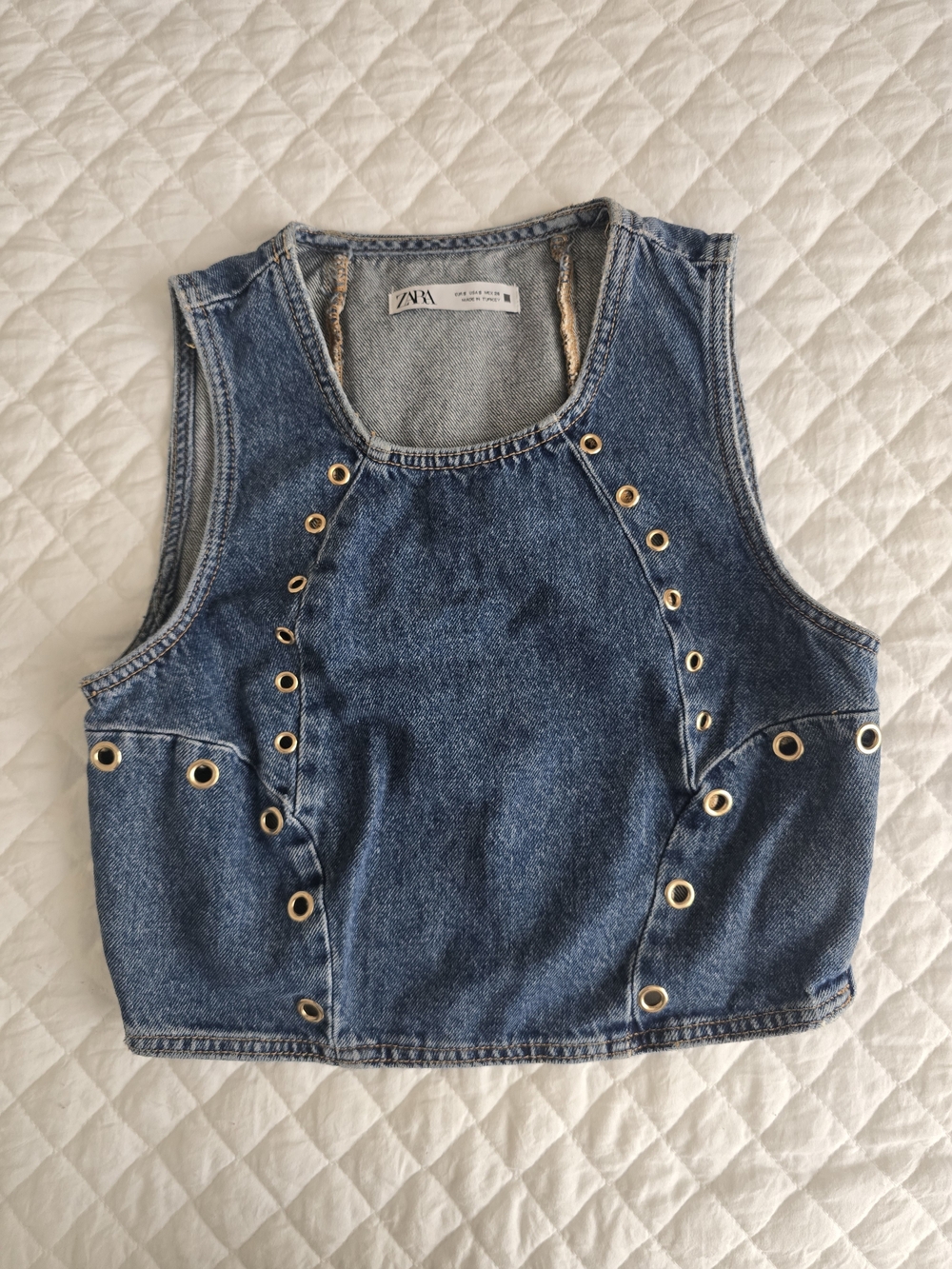 ZARA Gold-Trim Denim Crop Vest Size S